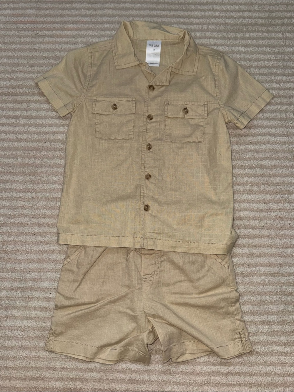 okie dokie Beige Short Set with Button-Up Shirt & Elastic Shorts